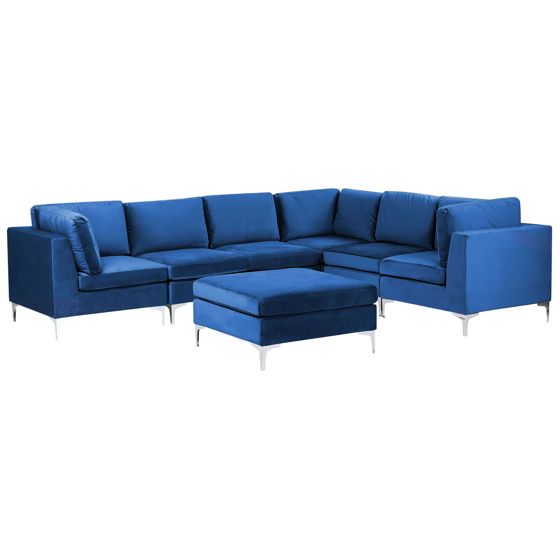 Hjørnesofa modul 6 personers EVJA med fodskammel Velour Navy Blå Venstrevendt