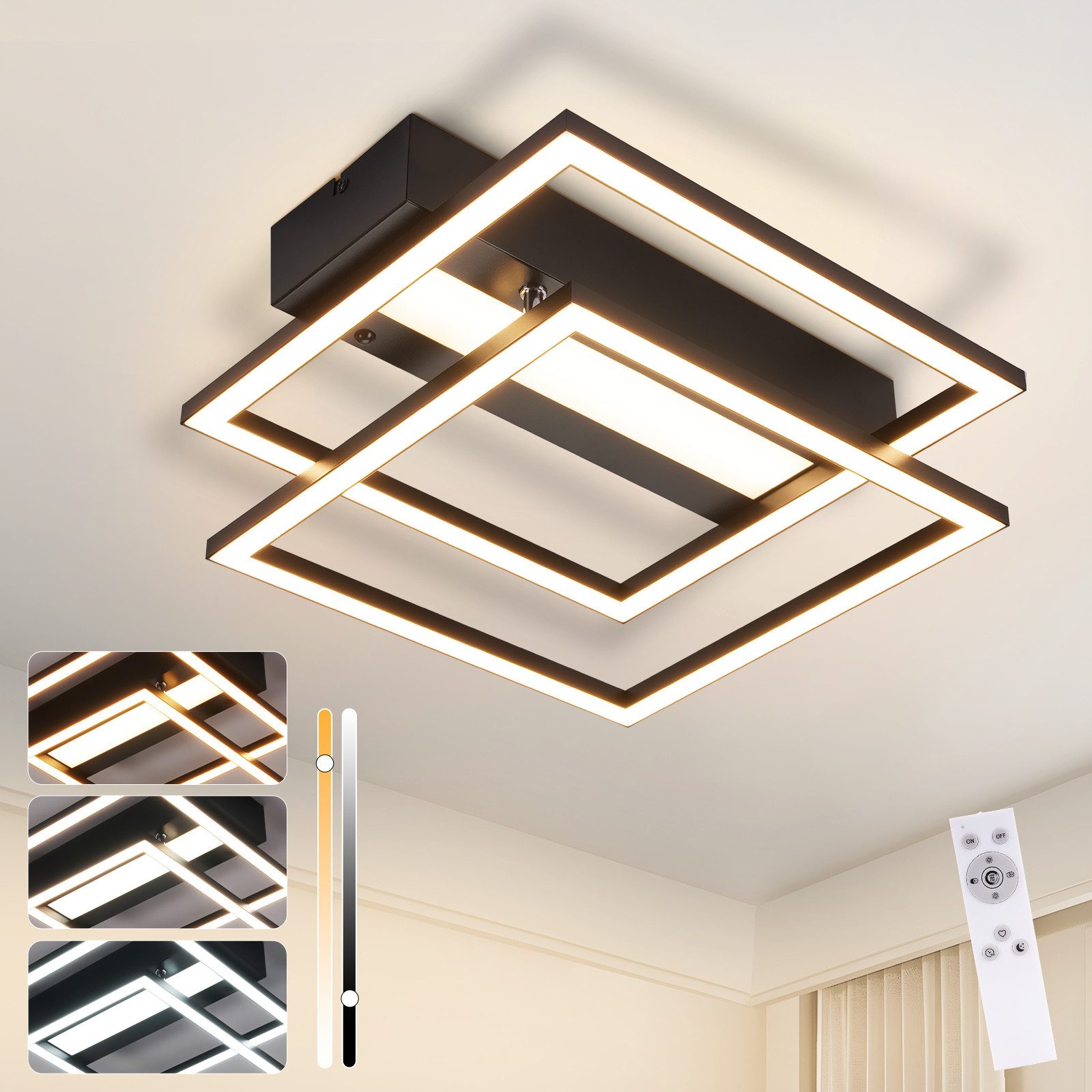 NETTLIFE LED - loftlampe til stuen, 2 rammer, sort, moderne, firkantet, dæmpbar, ideel til gangen