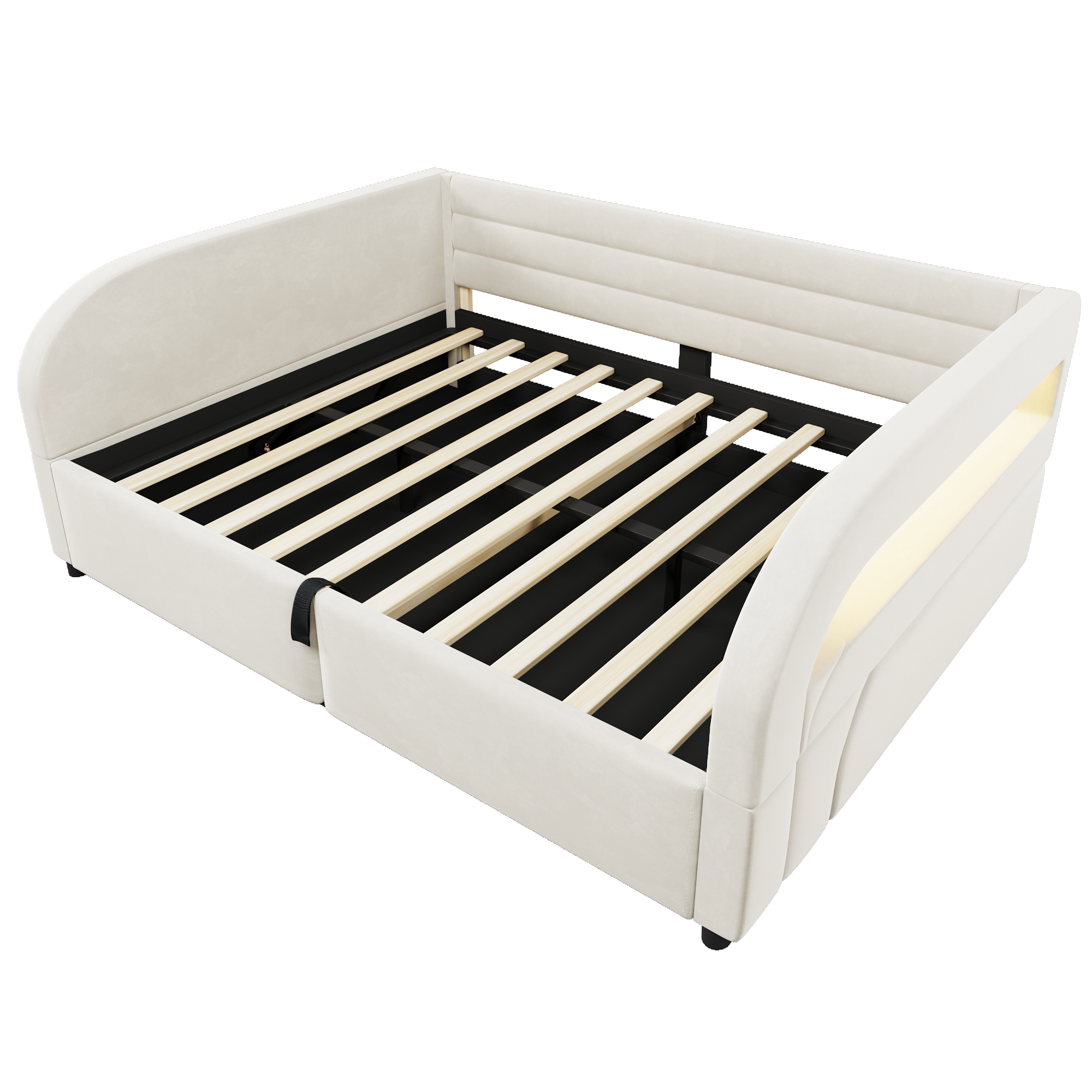 seng 140x200 cm beige fløjl med hydraulisk opbevaring og led-belysning
