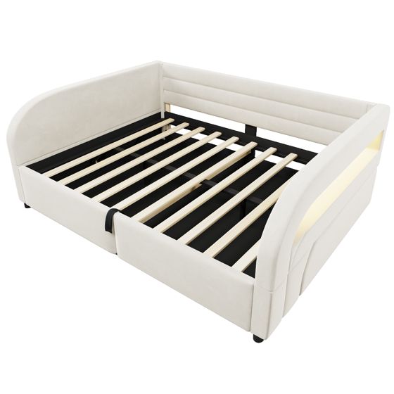 seng 140x200 cm beige fløjl med hydraulisk opbevaring og led-belysning