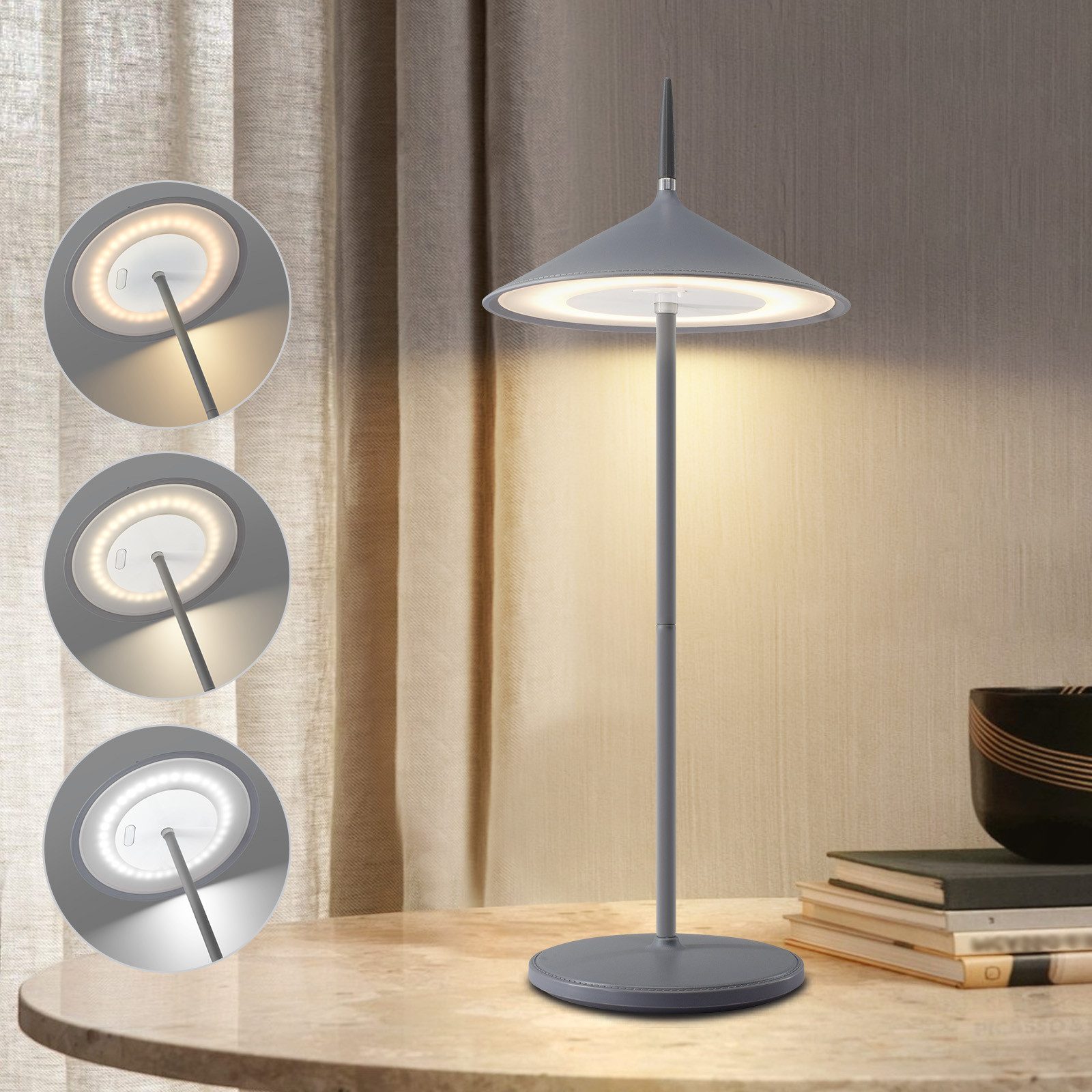 NETTLIFE Trådløs bordlampe, LED-natlampe, 1800 mAh batteri, genopladelig, touch, dæmpbar, moderne, IP44, med USB