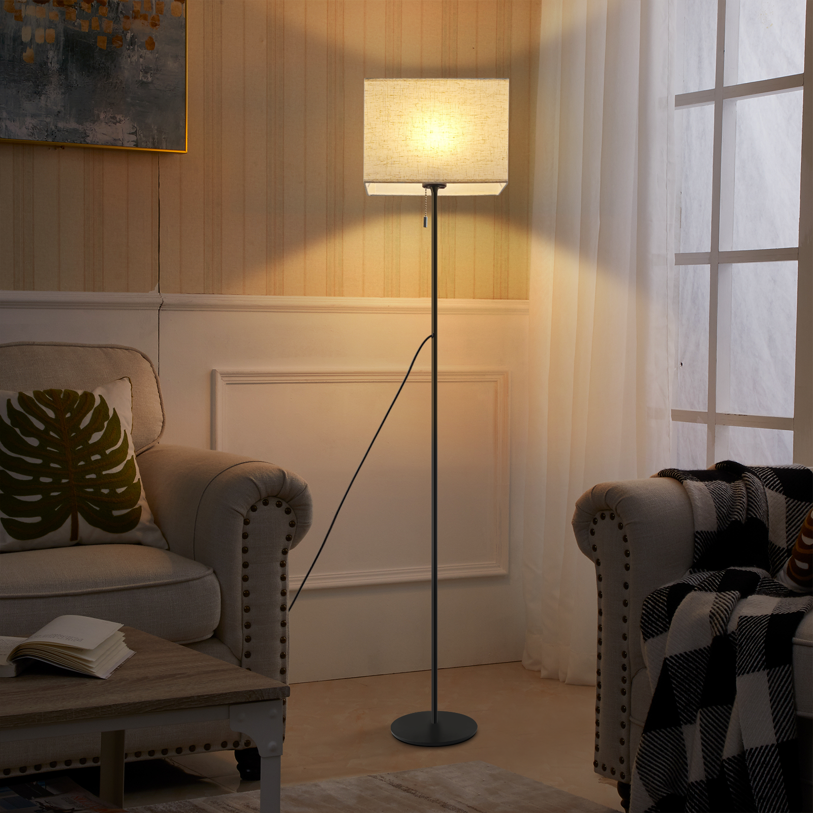 NETTLIFE Retro dæmpbar LED-gulvlampe, stofskærm til stue, med trækafbryder
