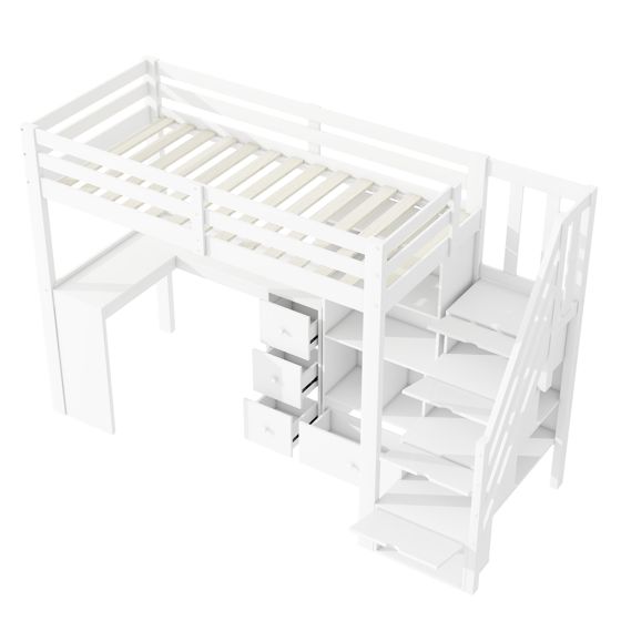 Højseng 90 x 200 cm, hvid, gelænder + skrivebord + skuffer + opbevaringsskab + flytbar stige