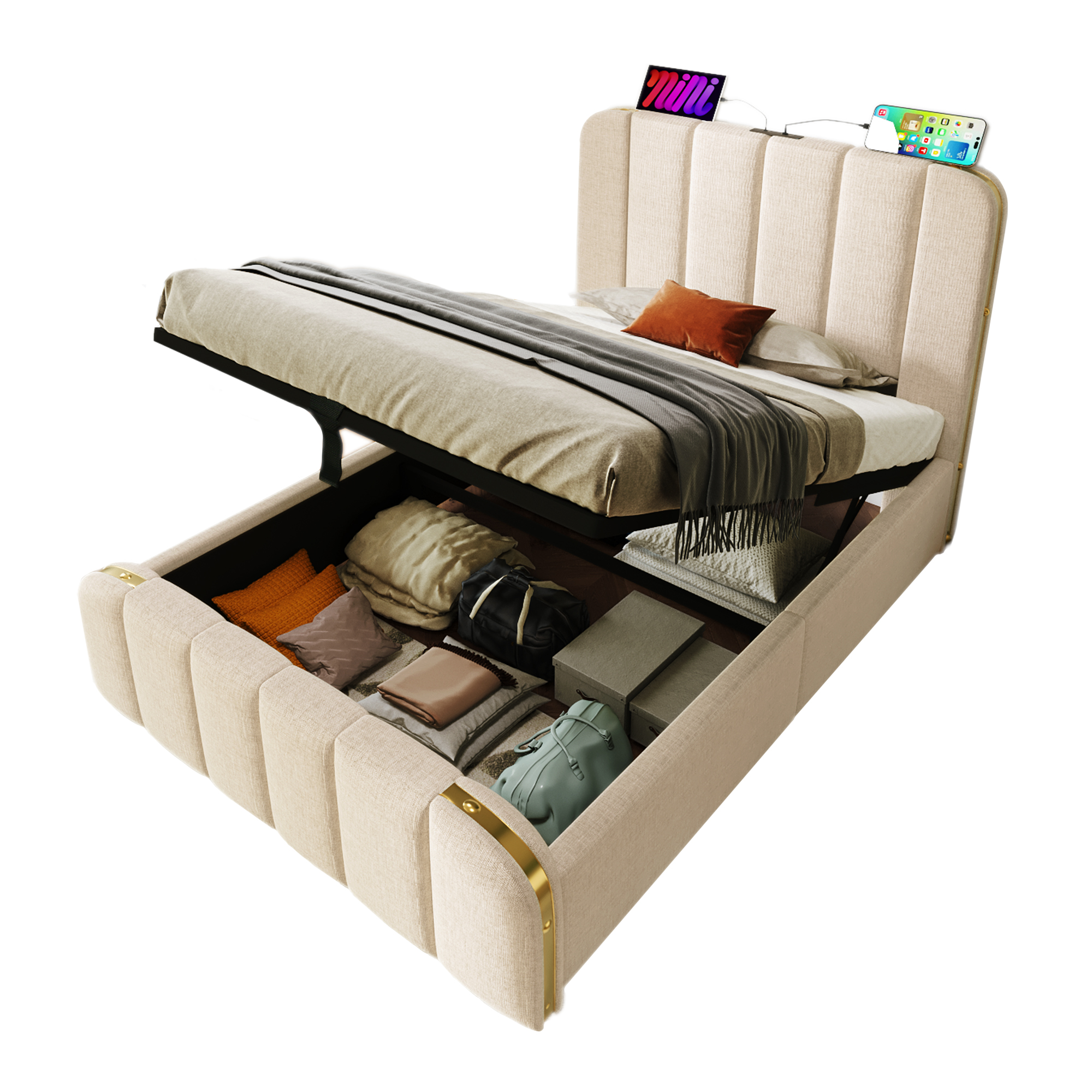 seng 90x200 cm beige linned stof med usb typ-c ladefunktion og hydraulisk opbevaring