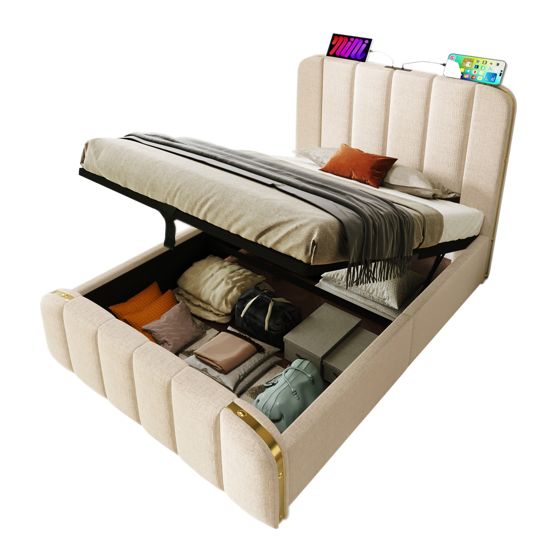 seng 90x200 cm beige linned stof med usb typ-c ladefunktion og hydraulisk opbevaring