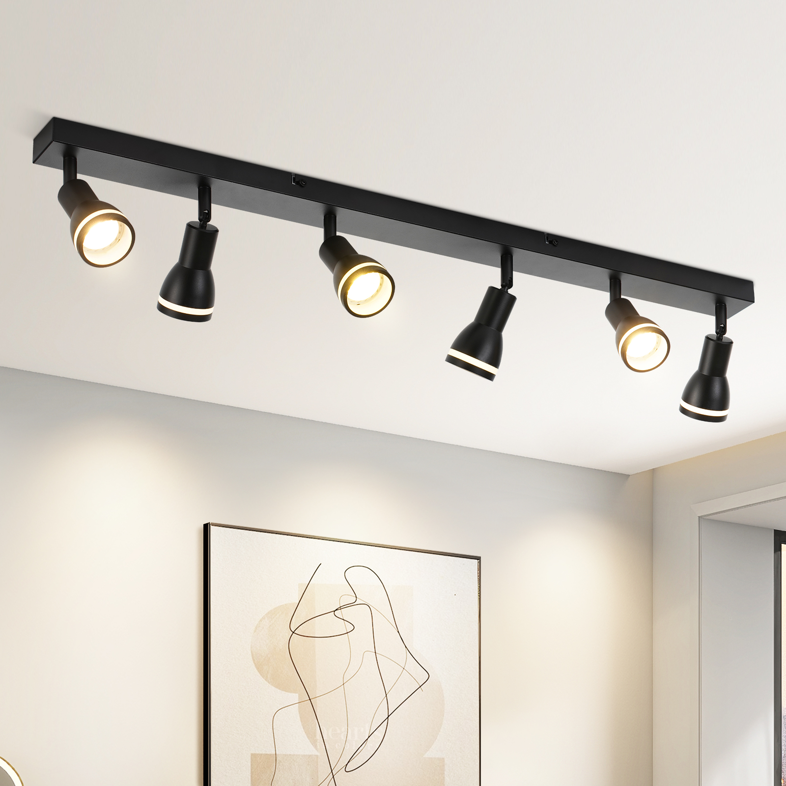 NETTLIFE Loftlampe med 6 Spots Sort: Metalloftlampe GU10 Indendørs Drejelig Spot Uden Pærer