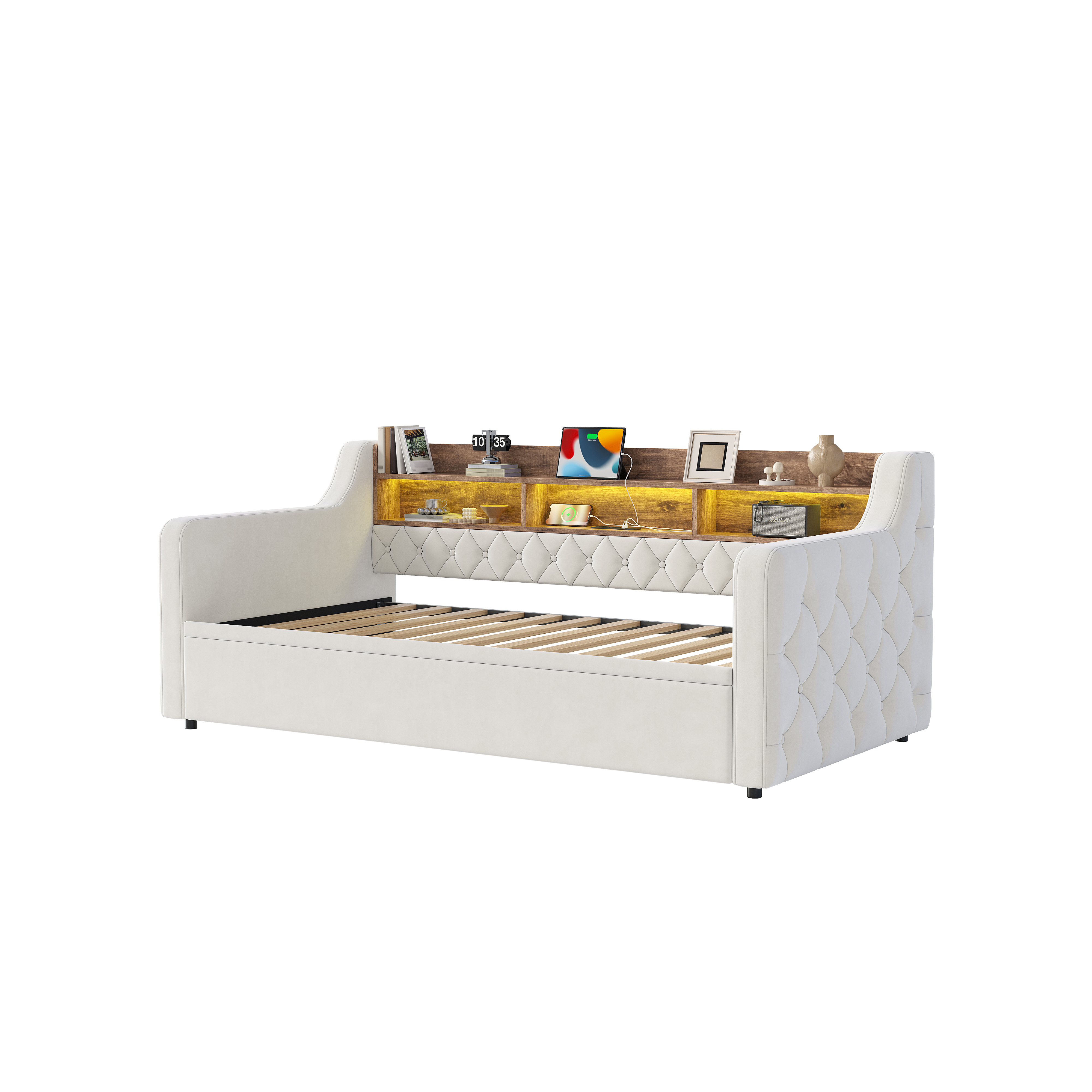 seng 90x190 cm beige fløjl med udtrækbar funktion seng med opbevaring led-belysning og usb-type-c