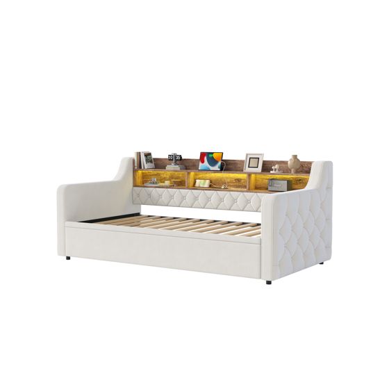 seng 90x190 cm beige fløjl med udtrækbar funktion seng med opbevaring led-belysning og usb-type-c