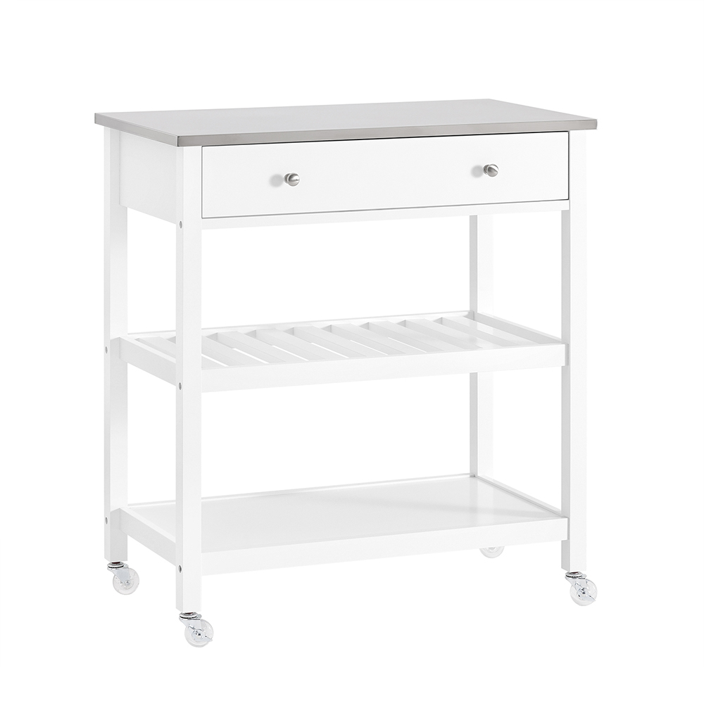 SoBuy køkkenvogn med hjul Pladsbesparende hvid køkkenø med top i rustfrit stål Køkkenskab med skuffer Køkkenskab til spisekammer, indgang eller have 81x90x45cm FKW47-II-W