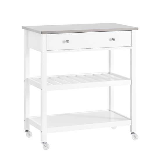 SoBuy køkkenvogn med hjul Pladsbesparende hvid køkkenø med top i rustfrit stål Køkkenskab med skuffer Køkkenskab til spisekammer, indgang eller have 81x90x45cm FKW47-II-W