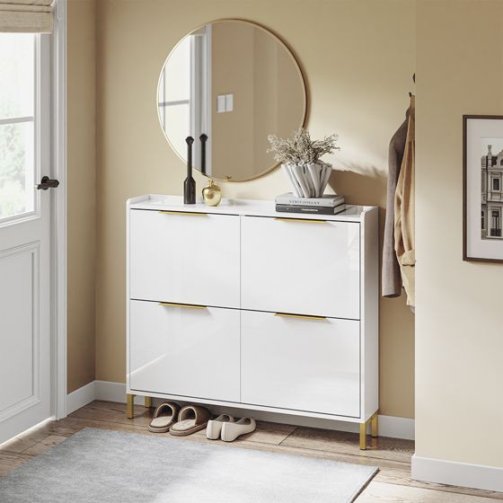 SoBuy FSR206-GW Slim Entrance pladsbesparende skoskab - hvidt skoskab med 4 foldedøre, dybde 19 cm, nordisk design med poleret finish og gyldne håndtag, 100x19x90cm