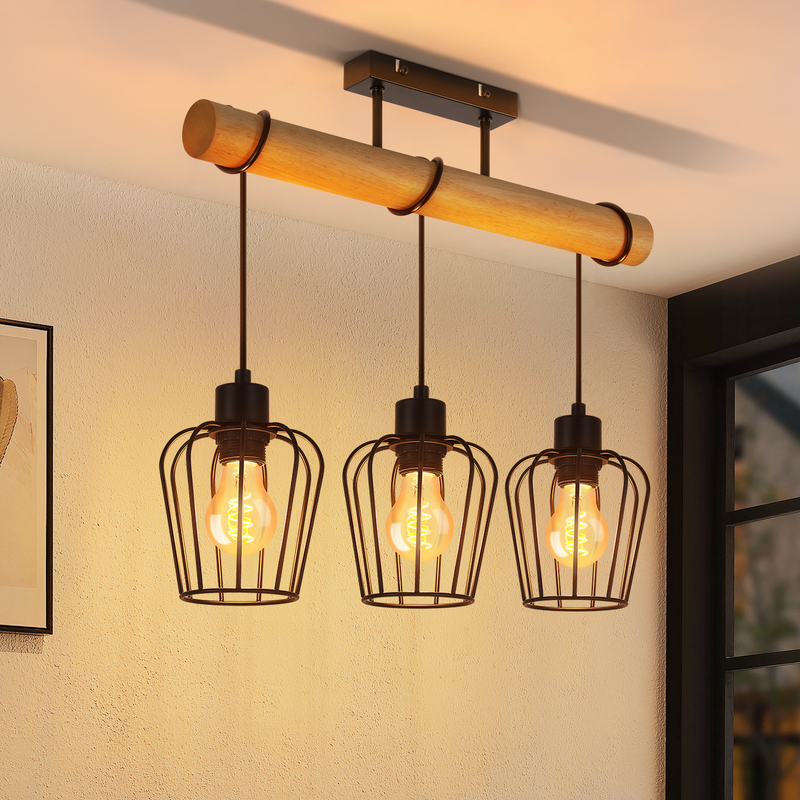 NETTLIFE Vintage loftslampe i træ til stue: Sort industrielt design metallampe til stue med E27-belysning (medfølger ikke)