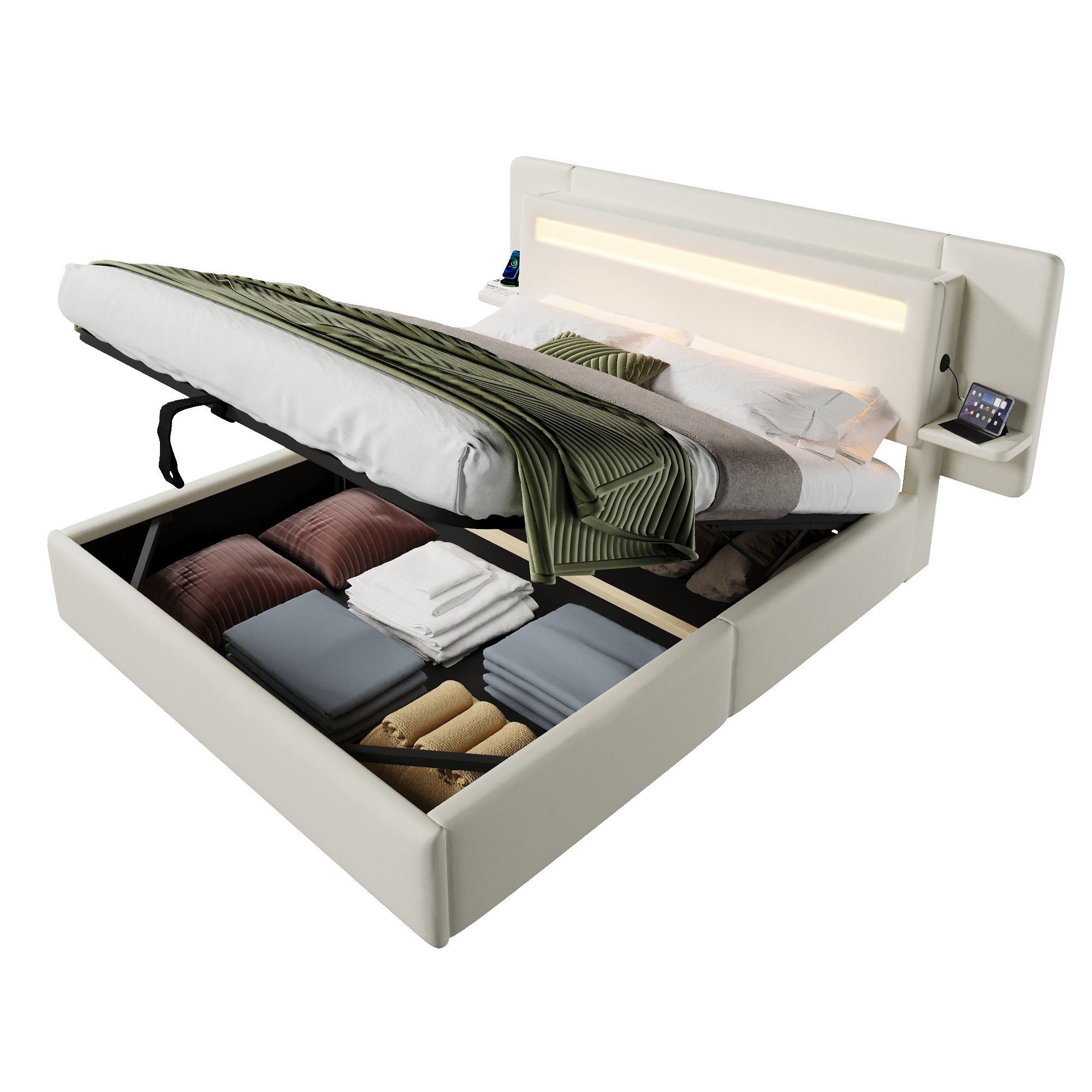 Polstret seng 140x200 cm, beige, med gasfjeder-opbevaring og integreret natbord