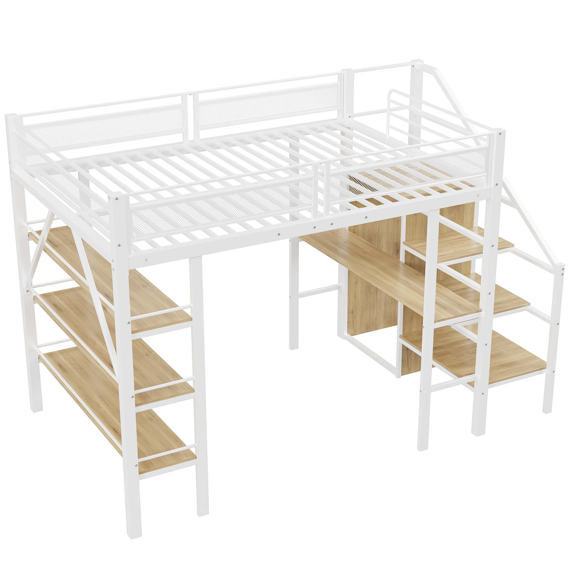 Højseng 140x200cm, tre-etages opbevaringshylde, skrivebord, garderobe med trappe, opbevaringsrum, hegnsdesign, hvid