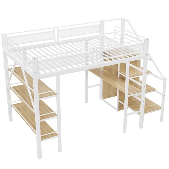 Højseng 140x200cm, tre-etages opbevaringshylde, skrivebord, garderobe med trappe, opbevaringsrum, hegnsdesign, hvid