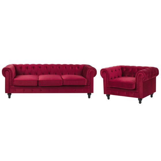 Sofasæt 4 personers CHESTERFIELD Velour Mørkerød