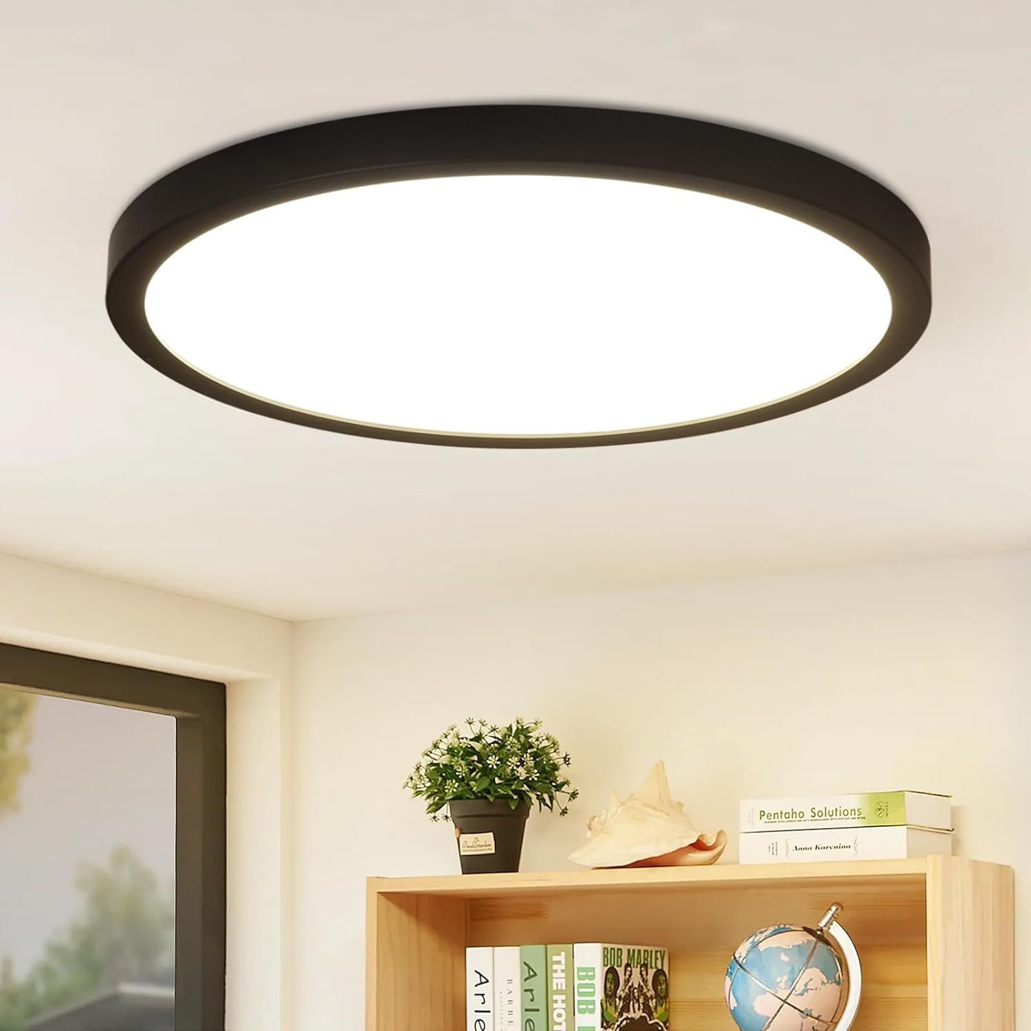 NETTLIFE LED - loftlampe, rund, sort, 24W, moderne, LED neutral hvid, 4000K, IP44 meget tynd, diameter, 23 cm Til køkkenet