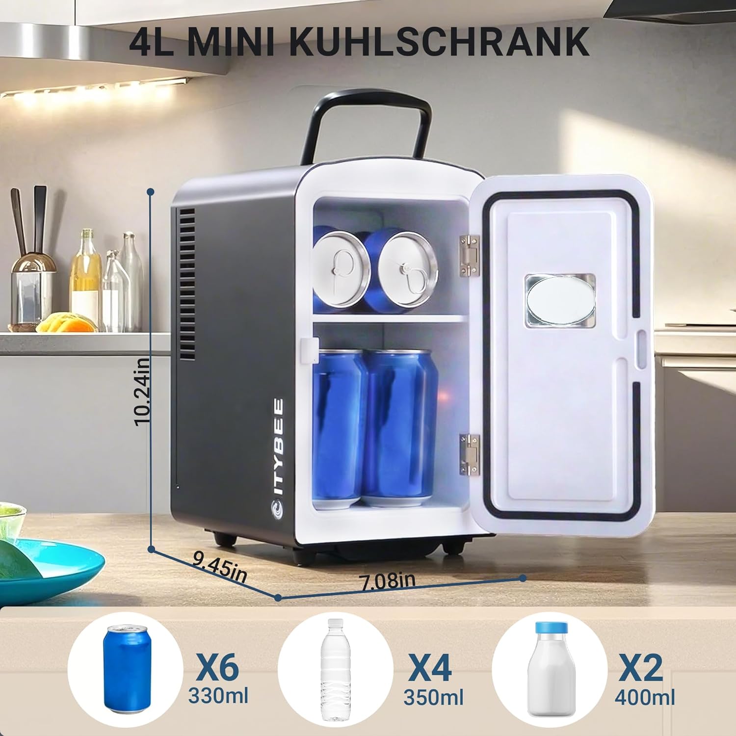 NETTLIFE Minikøleskab 4L Lille Køleskab 12V 230V Ideel til Bil, Soveværelse, Camping, Kontor og Rejser (Sort)