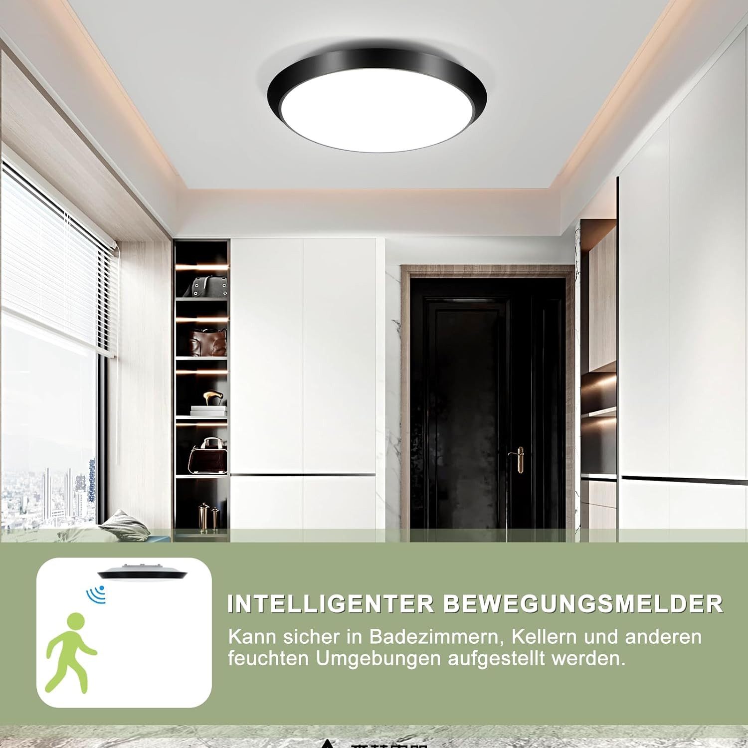 NETTLIFE LED - loftlampe, til indendørs brug med bevægelsessensor, sort IP44 15 W, Rund kælderlampe, med bevægelsessensor Ø 30 cm, 4000K