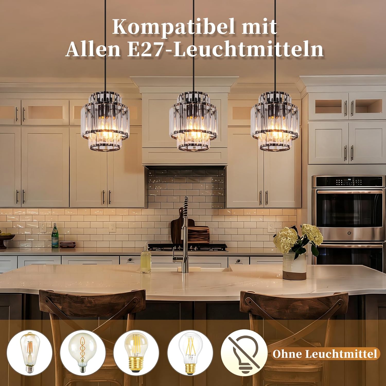 Nettlife pendellampe med 1 lyskilde - pendellampe i glas og krystal, E27, justerbar højde, moderne design til spisestuen