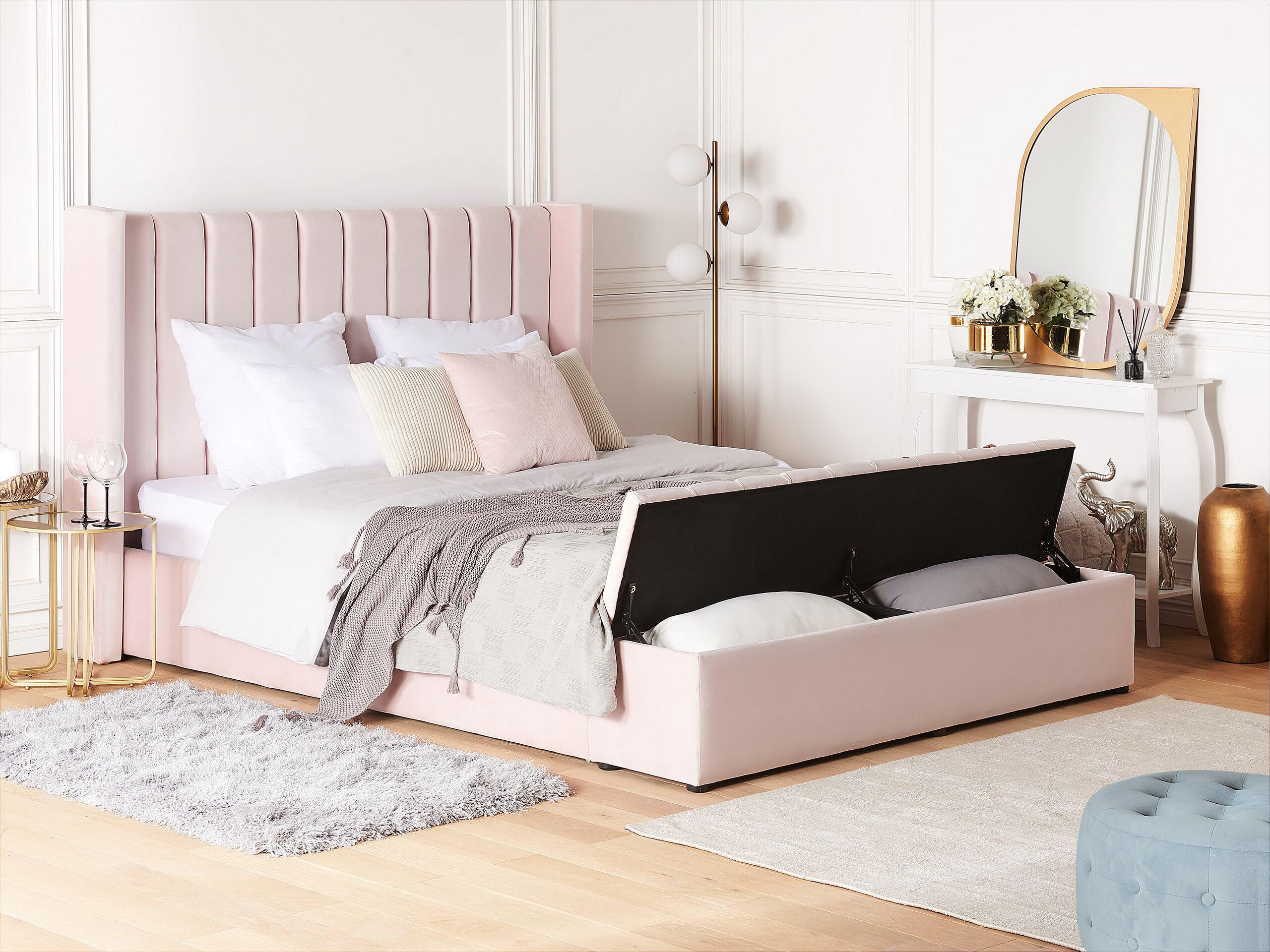Seng med opbevaringsbænk NOYERS Velour Pastellrosa 180 x 200 cm