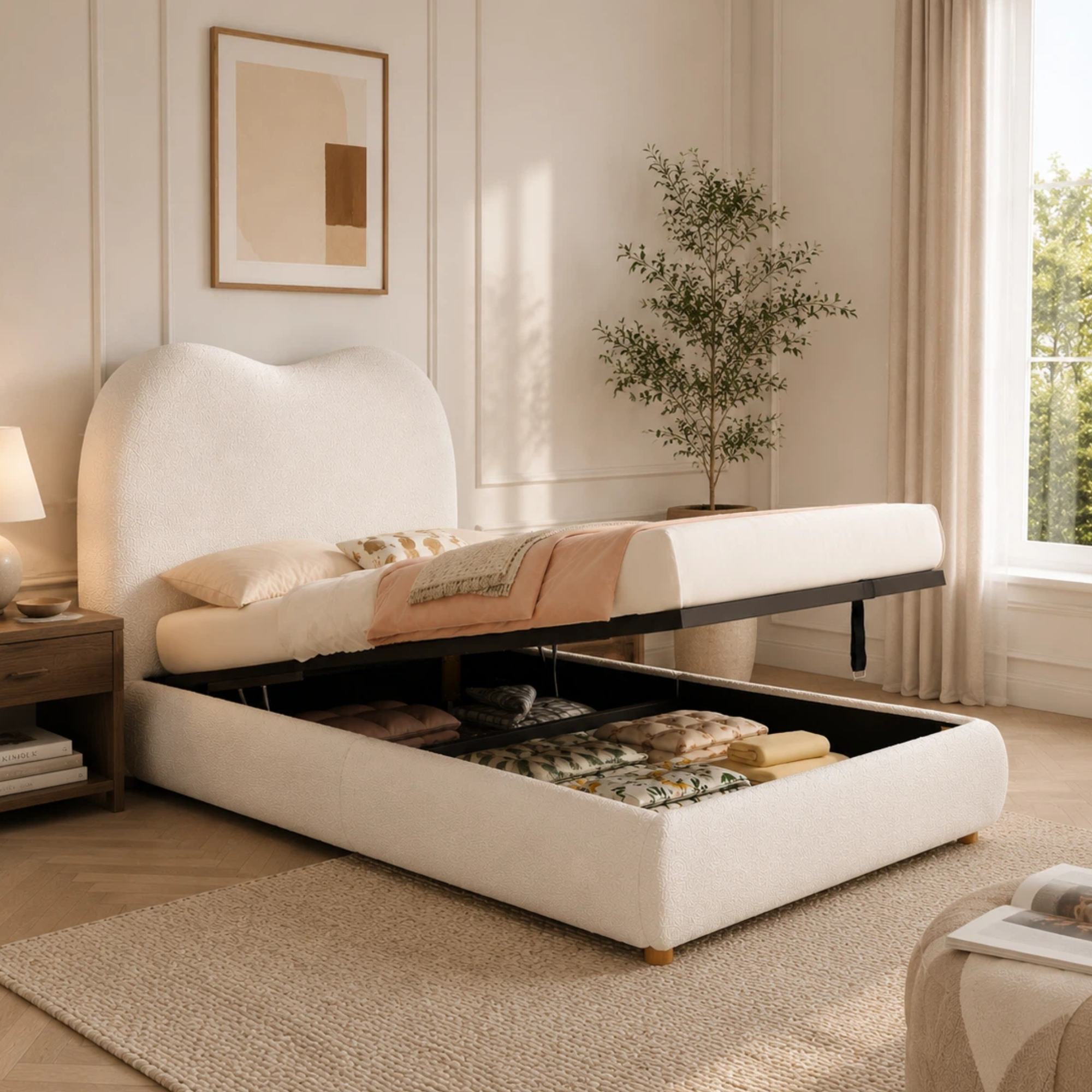 Polstret seng 90x200 cm, ribbund og gasfjederfunktion, teddy-stof, beige