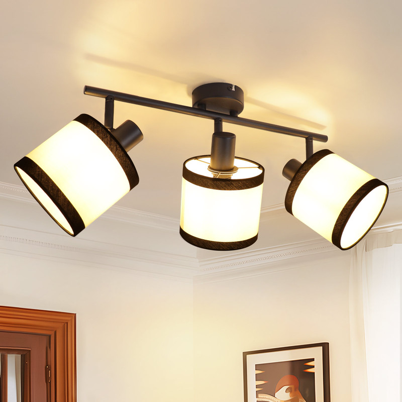 NETTLIFE Sort loftspotlight med 3 lyskilder - E14 loftspotlights 350° drejelig stofloftslampe Vintage køkkenlampe (uden pære)