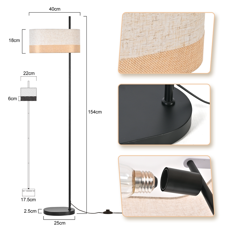 NETTLIFE vintage gulvlampe hvid mønstret skærm retro stil rustik E27 lampe med fodkontakt til stue soveværelse