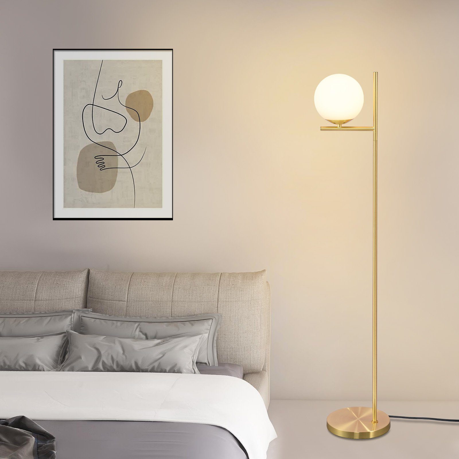 NETTLIFE Industrial Gold - gulvlampe med fodkontakt, hvidt glasmetaldesign, vintage E27 - gulvlampe, 2 meter ledning
