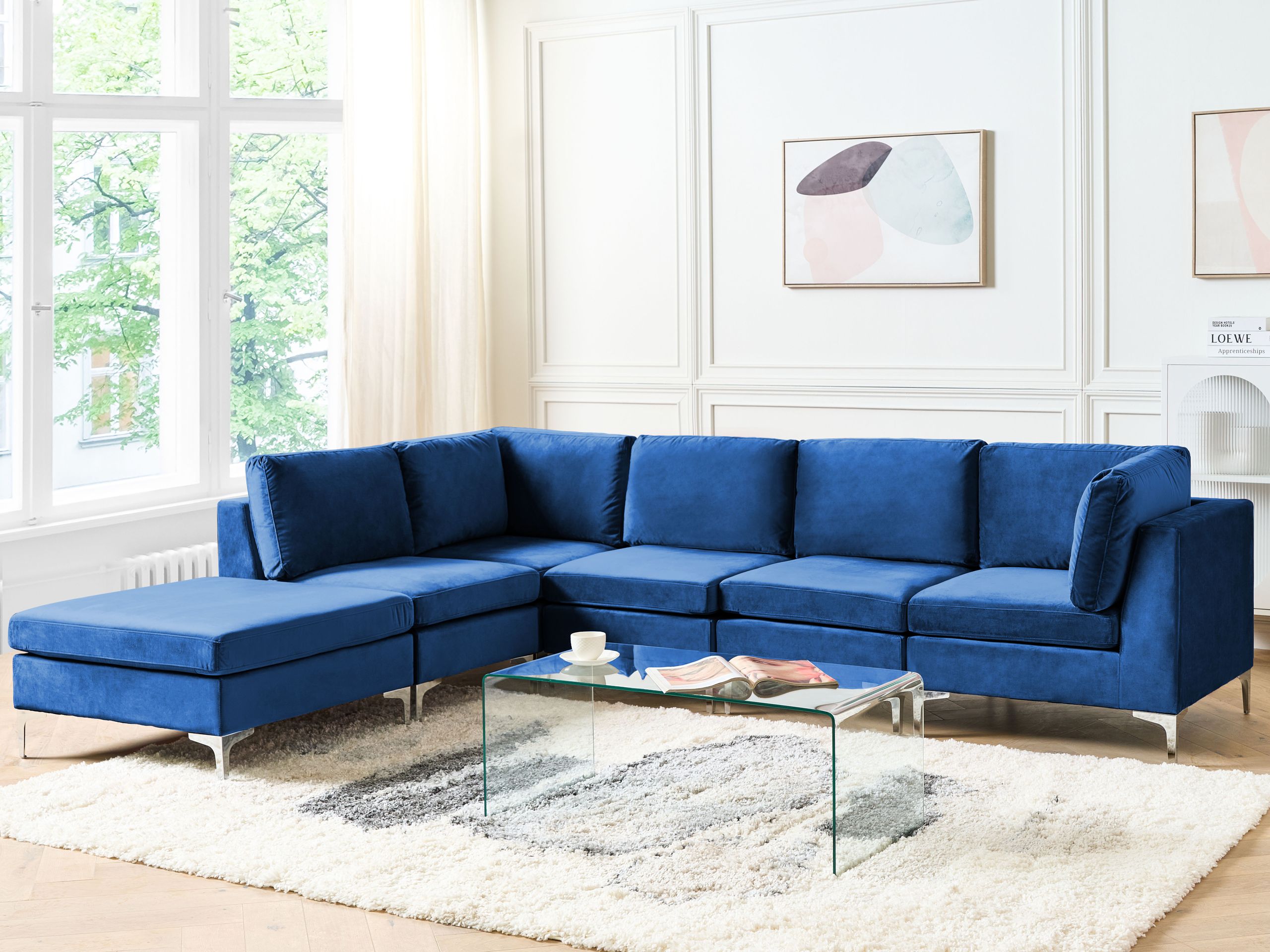 Hjørnesofa modul 5 personers EVJA med fodskammel Velour Navy Blå Højrevendt