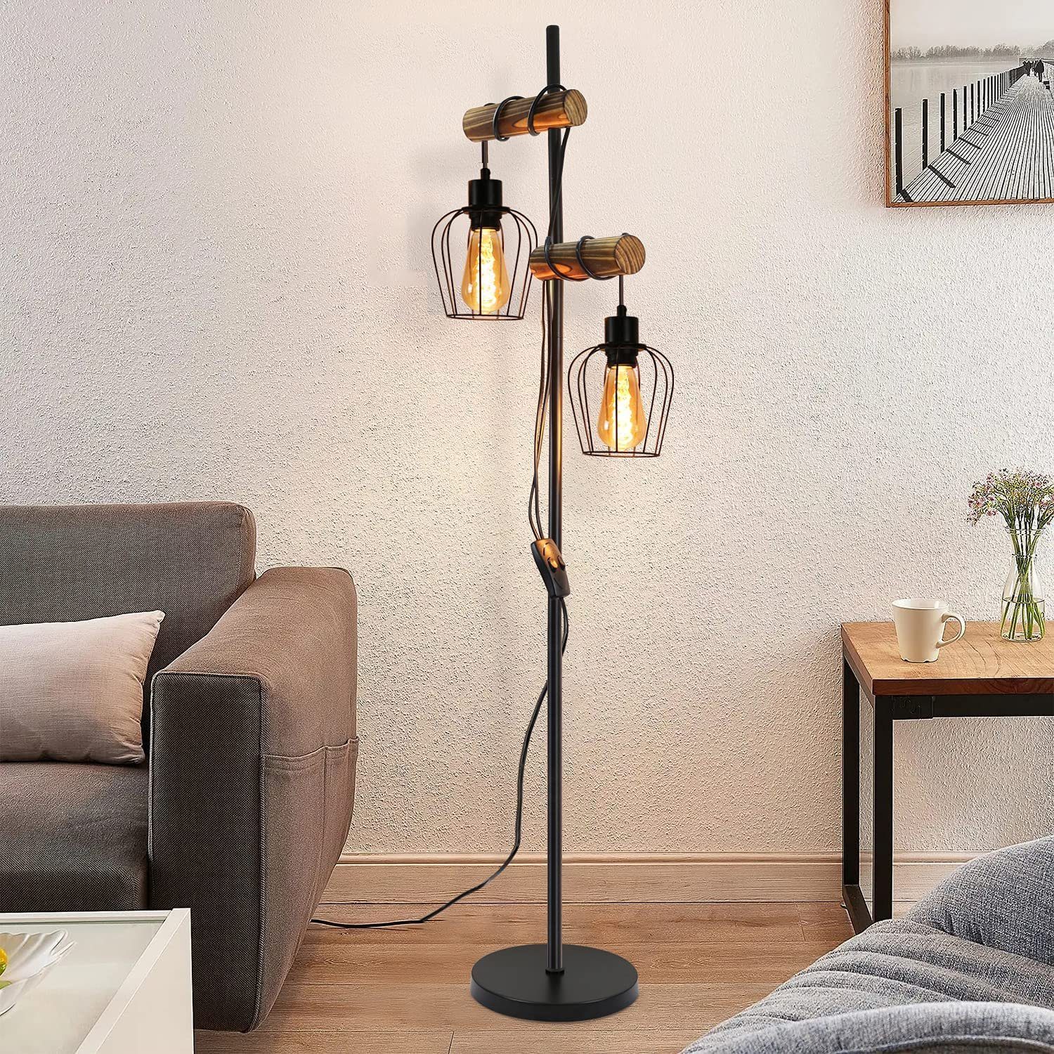 NETTLIFE Vintage - gulvlampe til stue, træ, 2 flammer, industrielt design, metal, sort afbryder, E27 - højde: 151 cm - uden pære