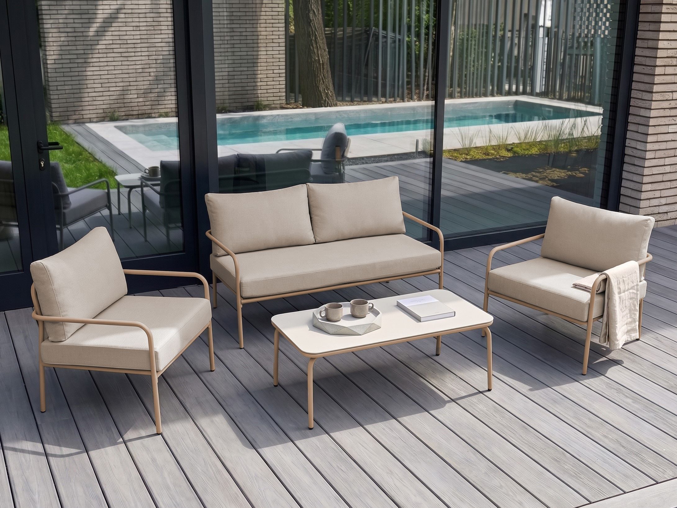 Loungesæt med bord 4 personers NESSO Metal Lys Beige