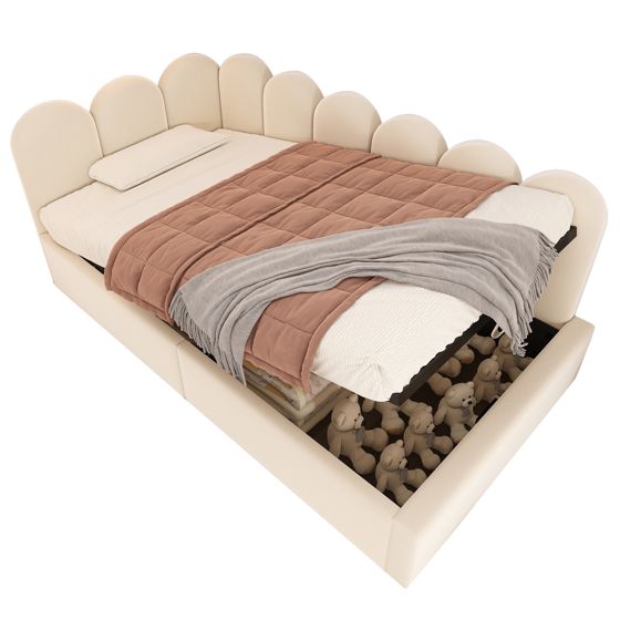 seng 90x200 cm beige i fløjl med hydraulisk opbevaring og metal-lattenroste
