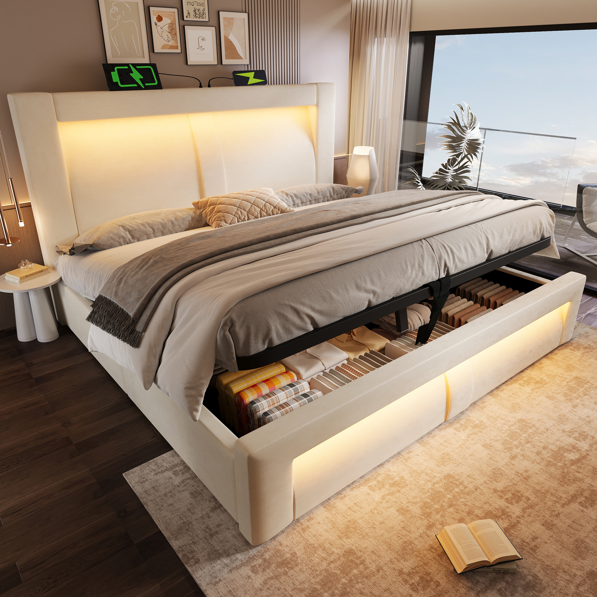 seng 180x200 cm beige i samt med opbevaring hydraulisk justerbar led-belysning og usb-type-c-ladning