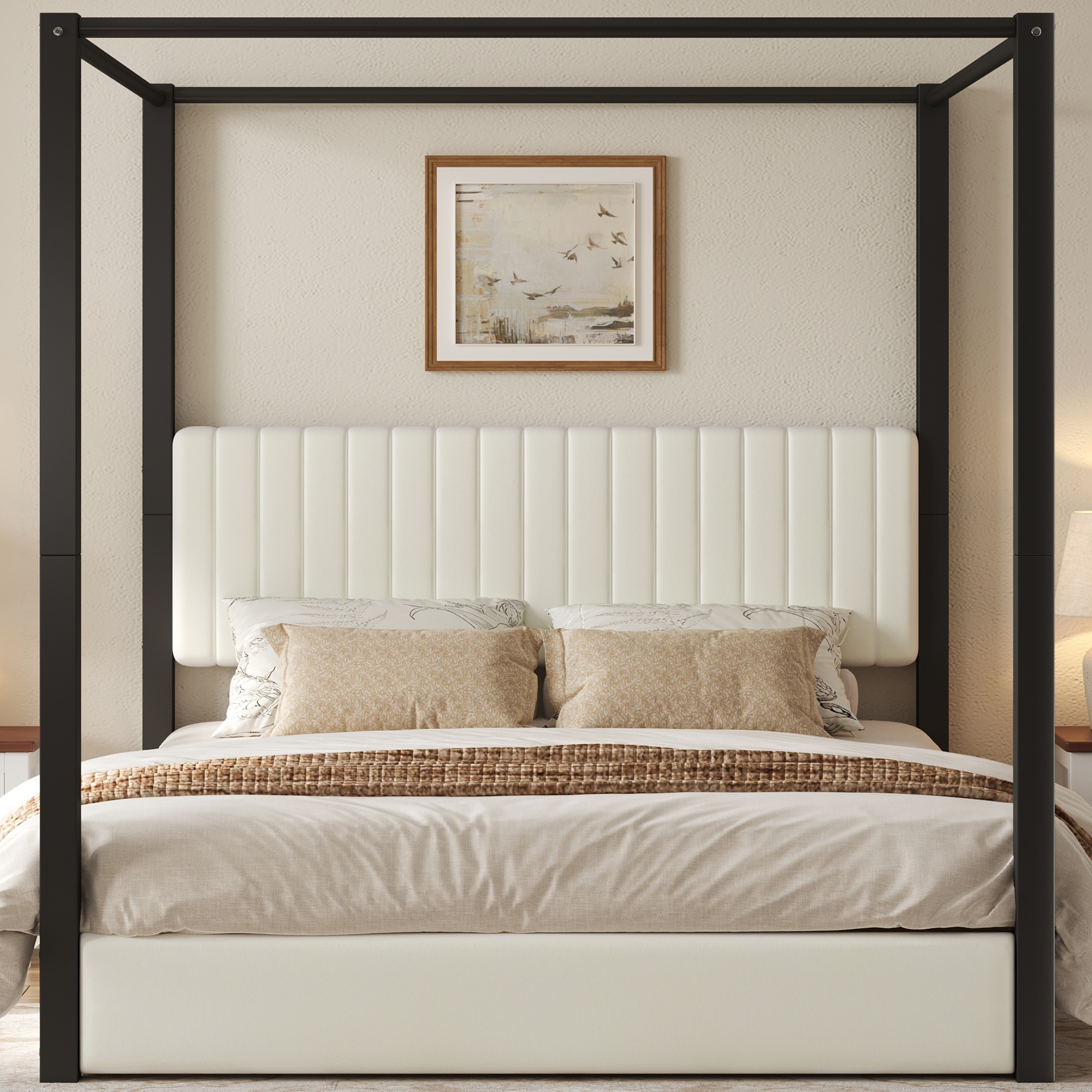 seng 180x200 cm beige sort metal og mdf med himmelbettgestel og polstret hoveddel