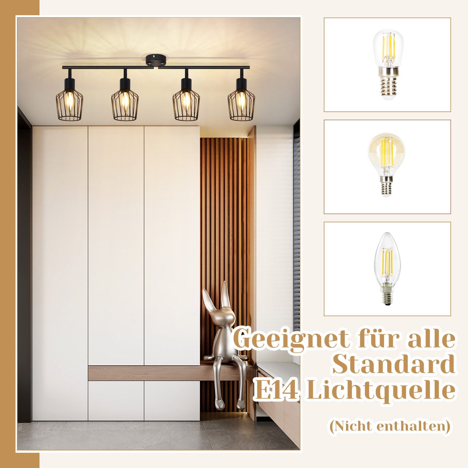 NETTLIFE 4 E14 - loftspotlight - metal, 350° drejelig industriel entrelampe, væglampe til entre og stue, sort