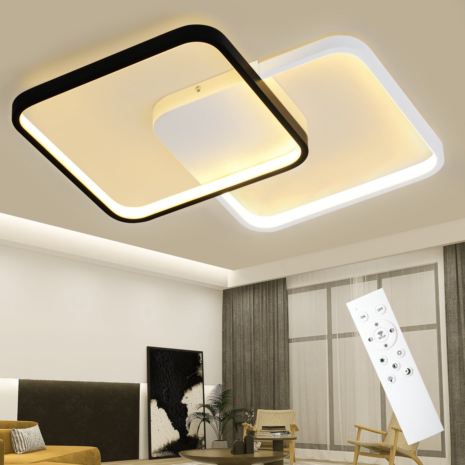 NETTLIFE moderne, 55W, sort, metal, LED - loftlampe, dæmpbar. Med fjernbetjening, 43 cm, design - køkkenlampe, til stuen.
