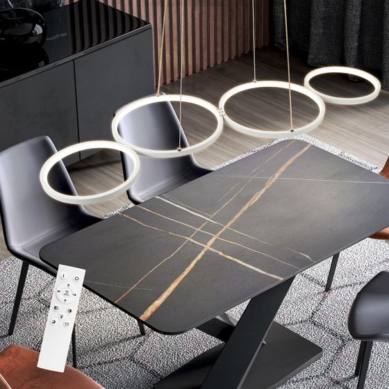 NETTLIFE moderne hvid LED pendellampe, diameter 88 cm, spisestuelampe, 4 ringe, metaldesign, dæmpbar, fjernbetjening