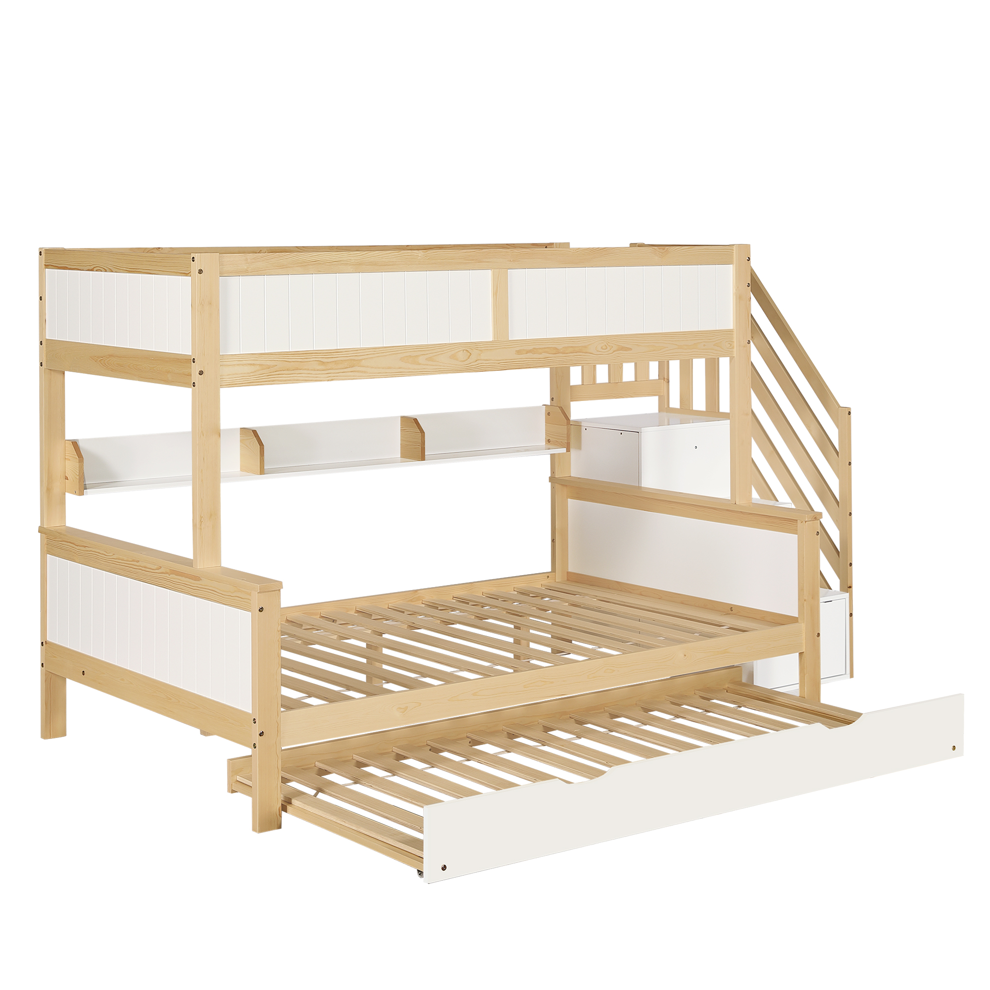 Køjeseng 90 x 200/190/120 cm, Hvid + Natur, Sikkerhedsgelænder + Garderobeskab + Hjørnetrappe