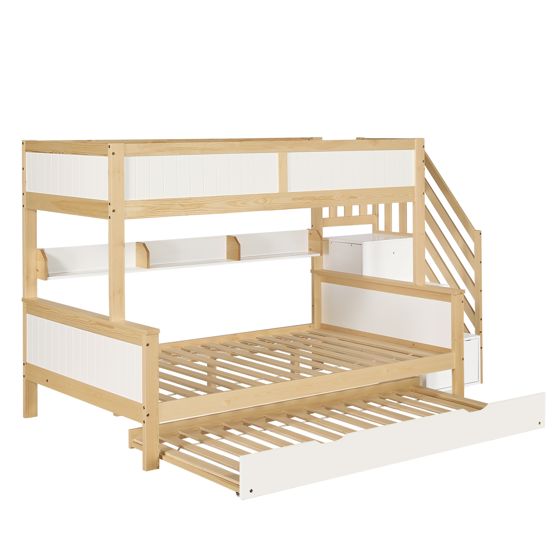 Køjeseng 90 x 200/190/120 cm, Hvid + Natur, Sikkerhedsgelænder + Garderobeskab + Hjørnetrappe