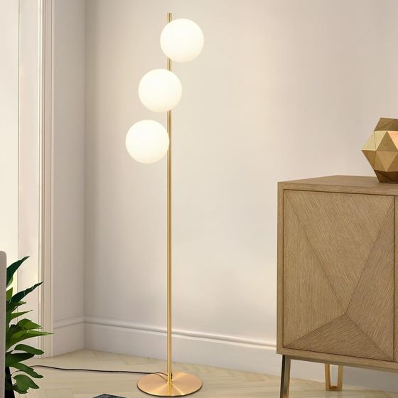 NETTLIFE Moderne gulvlampe - industrilampe med 3 flammer, E27, afbryder i foden, guld og hvidt metalglas