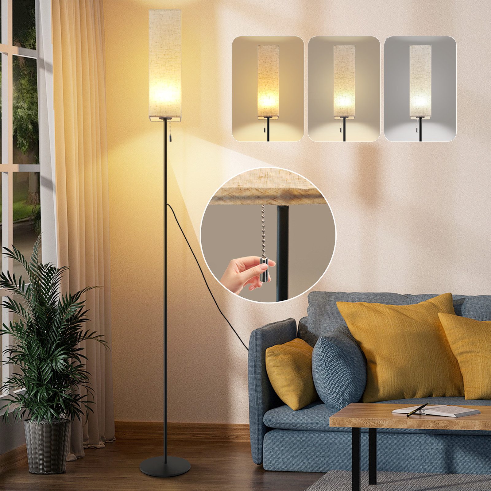 NETTLIFE Dæmpbar LED-gulvlampe Retro stofskærm til stue med trækafbryder