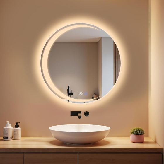 NETTLIFE Badeværelsesspejl med belysning, rundt LED - badeværelsesspejl IP44 50 cm rundt badeværelsesspejl med touchfunktion