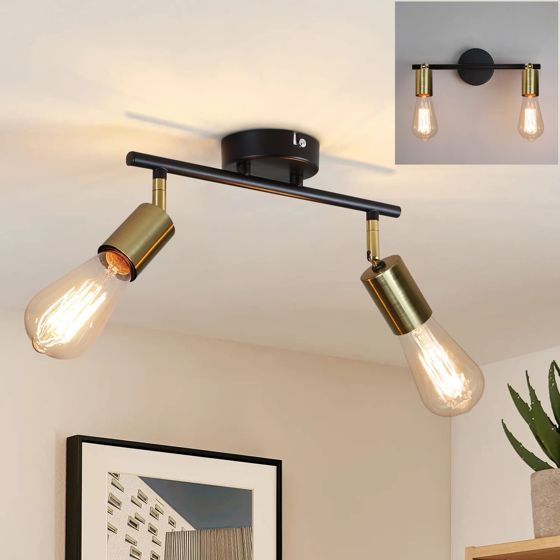 NETTLIFE 2 vintage loftspotlights E27 korridorlampe sort og guld 360° roterende loftslampe industriel moderne til køkken/entre