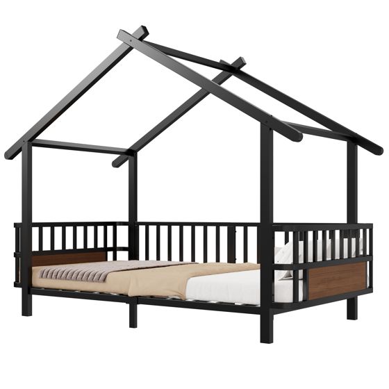 seng i husform 90x200 cm sort metal med sikkerhedsskinner og dachdesign