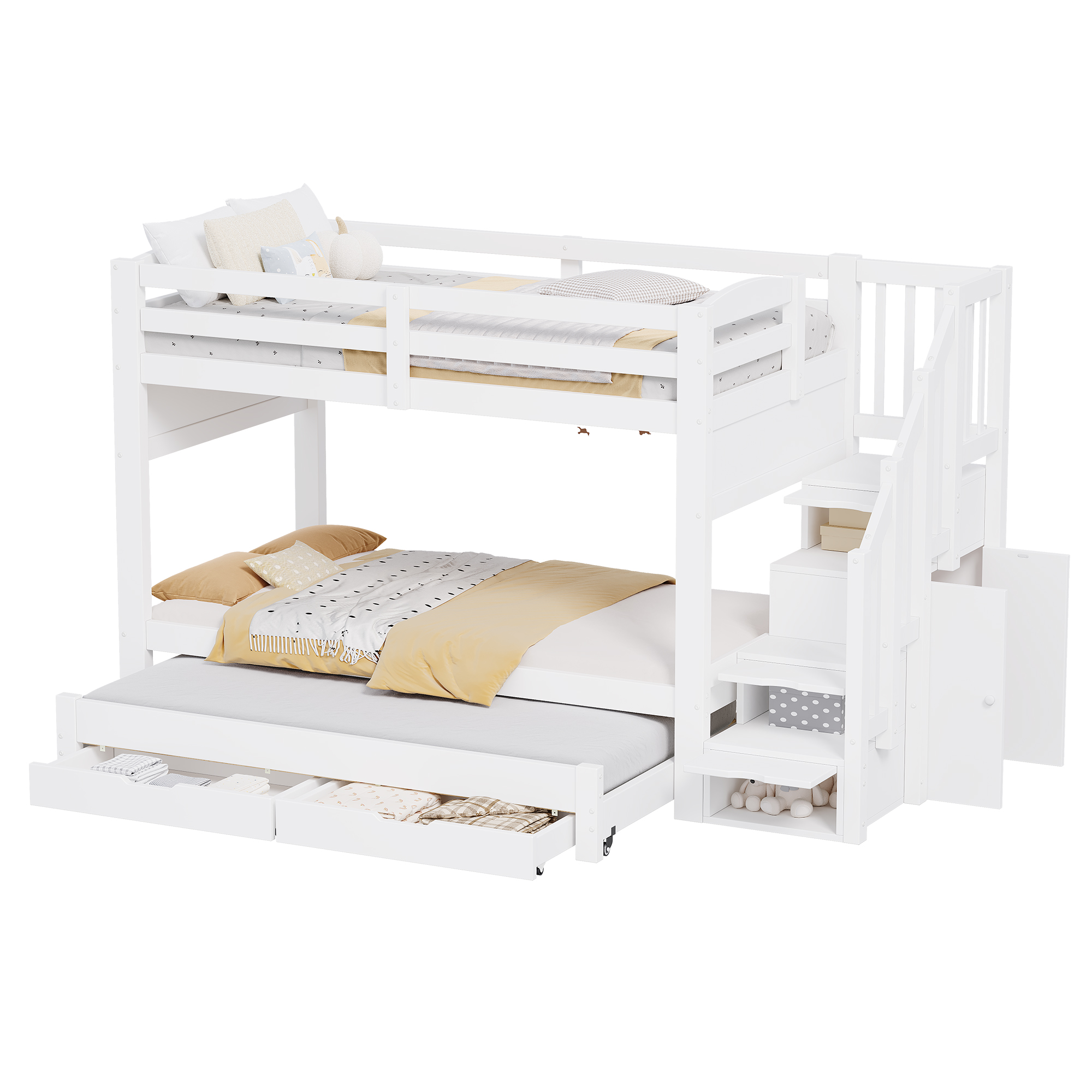 Køjeseng 90x200 cm med opbevaringstrappe i flere etager, hvid