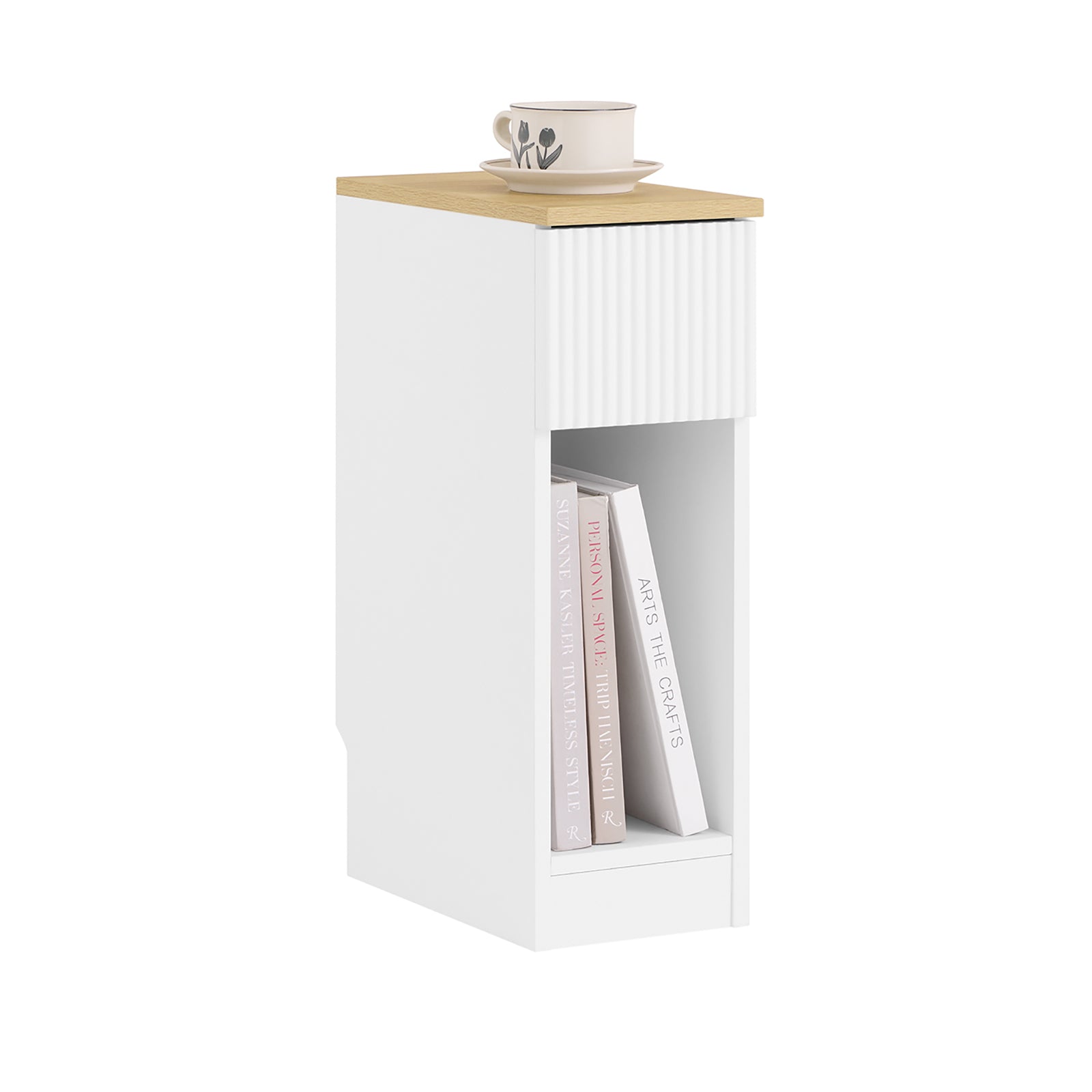 SoBuy 20 cm bredt smalt natbord med skuffe i bølget design, smalt sofabord, natborde til soveværelse og stue, hvid og træ 20 x 35 x 60 cm FBT111-W