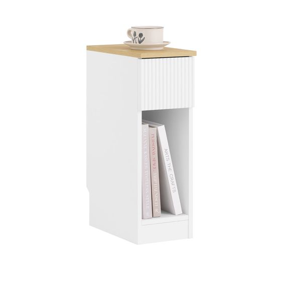 SoBuy 20 cm bredt smalt natbord med skuffe i bølget design, smalt sofabord, natborde til soveværelse og stue, hvid og træ 20 x 35 x 60 cm FBT111-W