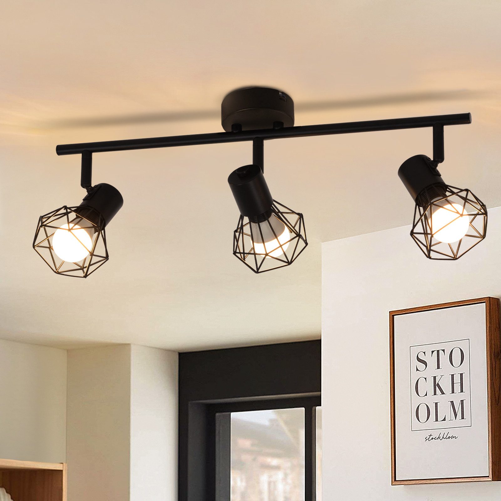 NETTLIFE Loftspotlight 3 pærer E14 sort industriel justerbar 350° vintage stue køkken soveværelse