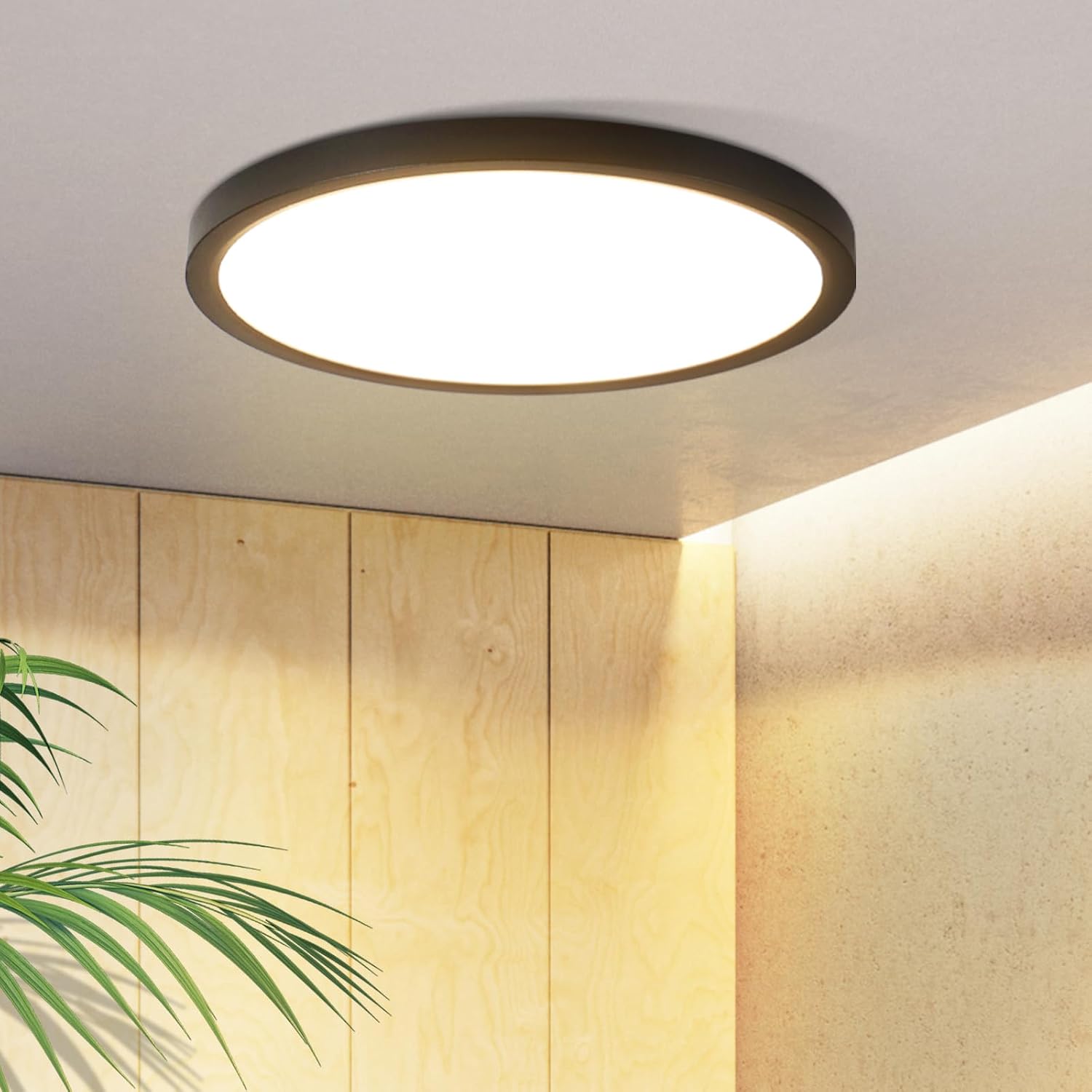 NETTLIFE flad, LED loftlampe, sort, 18 cm, 15 W, rund, lille, varm hvid, permanent LED, integreret, 3000 K
